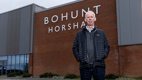 Cllr John Milne outside Bohunt Academy, Horsham